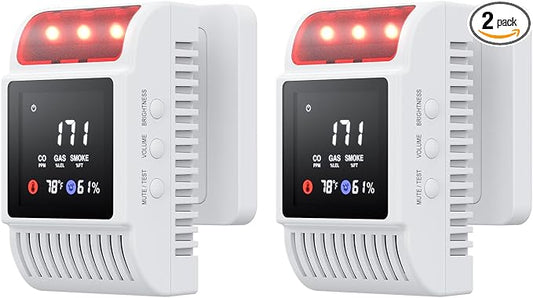 Carbon Monoxide Detectors & Gas Detector, Smoke and Carbon Monoxide Detector Battery Backup with Temperature Humidity Detection, CO & Smoke Alarm Adjustable Brightness & Sound for Home/Travel 2 Pack