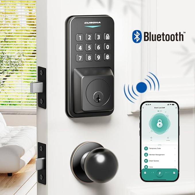 Keyless Entry Door Lock with 2 Door Knobs & Electronic Backlit Keypad, App Control Deadbolt Lock Support One-Touch Locking & Auto Locking,Easy Install, Anti-Peeping Code (01-Black)