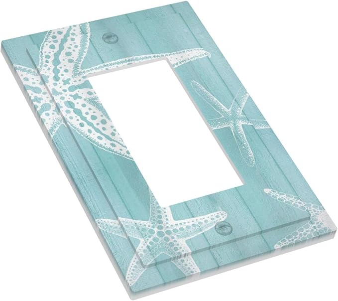 Decorative Outlet Covers Starfish Teal Wood Board Nautical 1 Gang Rocker Light Switch Cover Plate Single Wall Plates for Electrical Outlets Switch Plate Covers Faceplate for Bedroom Home Decor