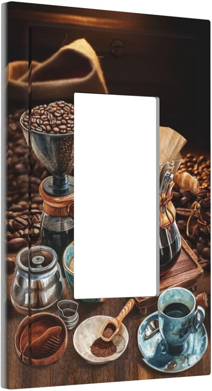 Decorative Outlet Covers Retro Coffee Maker Beans Cup 1 Gang Single Decora GFCI Device Light Switch Covers Plate 1 Rocker Wall Plate Jumbo Faceplate for Kirchen Decor