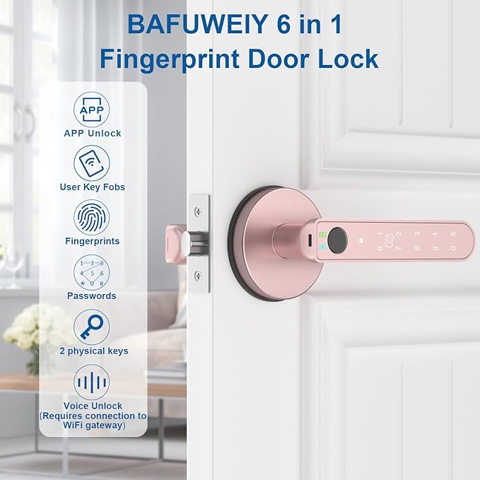 Fingerprint Door Lock, 6-in-1 Smart Door Knob with App Control/Fingerprints/IC Cards/Passwords/2 Keys, Fingerprint Door Knob Biometric Door Lock for Bedroom Apartment-Pink