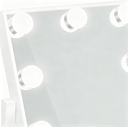 Lighted Vanity Mirror with 9 LED Lights, Detachable 10x Magnifying Mirror, 3-Color dimmable Hollywood Makeup Mirror, Smart Touch Control, Metal Frame, 360-degree Rotation, White/Black (White)