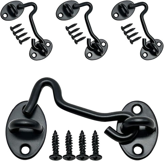 4-Pack 3Inch Door Lock Gate Latch Premium Stainless Steel Hook and Eye Gate Latch Cabin Hook with 16pcs Screws, Black