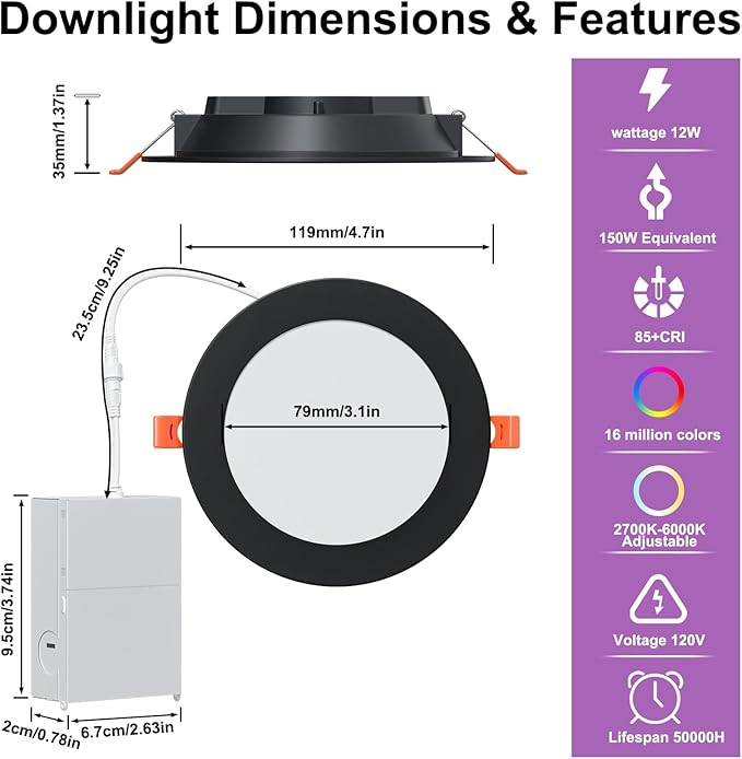 Black Smart Recessed Lighting 4 Inch RGBCW Color Changing 12W LED Downlight with Junction Box,1000 Lumen Recessed Ceiling Light Compatible with Alexa,Dimmable by Bluetooth Control -1Pack