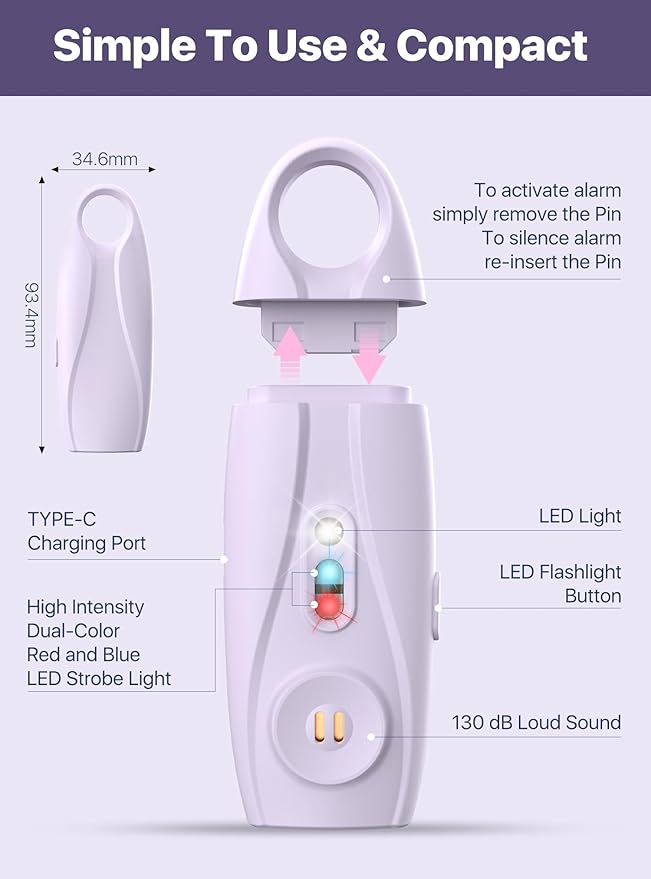 Rechargeable Personal Safety Alarm Keychain, Upgraded Dual-Color Red & Blue Strobe Light, LED Flashlight, 130dB Loud Siren, Safe Personal Alarm for Women, Kids and Elders