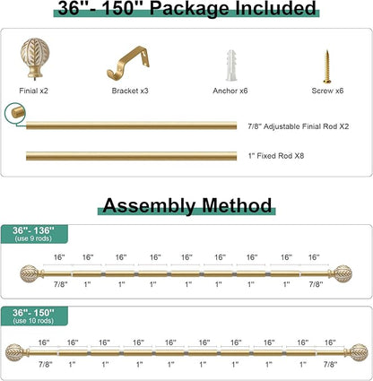 Gold Curtain Rods for Windows 72 to 144 inch,1" Adjustable Heavy Duty Window Curtain Rod Leaf Finials,Rustic Decorative Drapery Rods Set,Size:36-150''