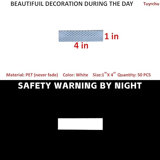 Non Fading White Reflective Stickers 1 inch X 4 inch, Outdoor Waterproof High Visibility Warning Safety Adhesive Reflector Tape (50 Pcs)