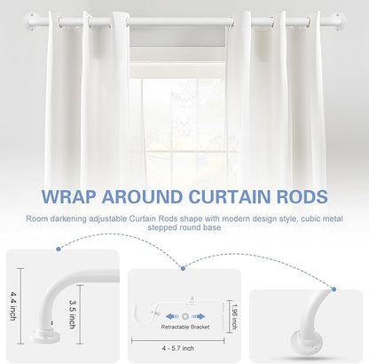 White Wrap Around Curtain Rods 66 to 120 Inch:Blackout Heavy duty Adjustable Window Curtain Rod for Bedroom,Industrial Darkening Curved French Metal Single Drapery Rods Easy Install,Pure White