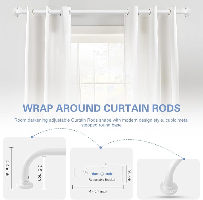 White Wrap Around Curtain Rods 48 to 90 Inch:Blackout Heavy duty Adjustable Window Curtain Rod for Bedroom,Industrial Darkening Curved French Metal Single Drapery Rods Easy Install,Pure White