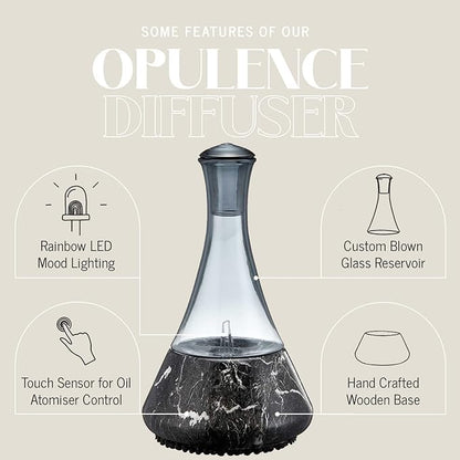 Opulence - Nebulizing Diffuser for Essential Oil/Aromatherapy with Black Marble Ceramic Base and Black Hand-Blown Glass with Touch Sensor Light Switch - No Heat, No Water, No Plastic Product Name