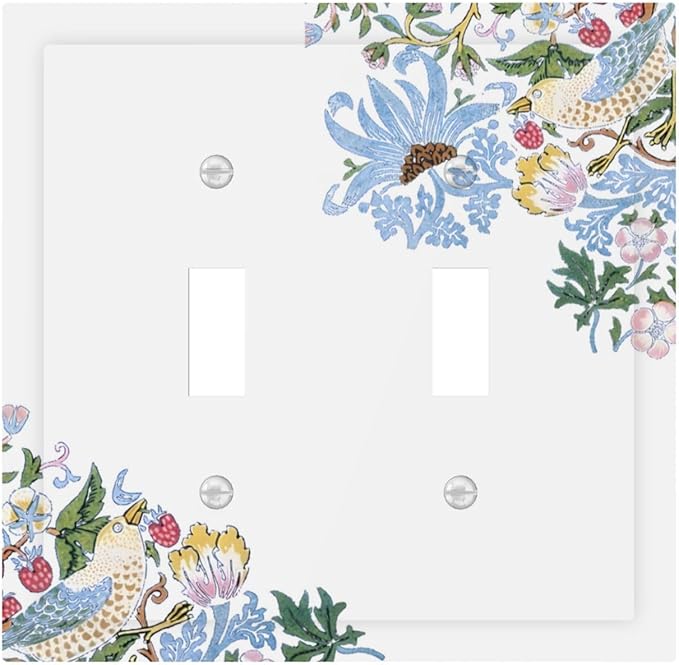 Decorative Light Switch Cover Plate Retro Morris Strawberry Rustic Plant Bird 2 Gang Wall Plate Oversized Double Toggle Two Switch Wall Cover Plate Dual Device Faceplate