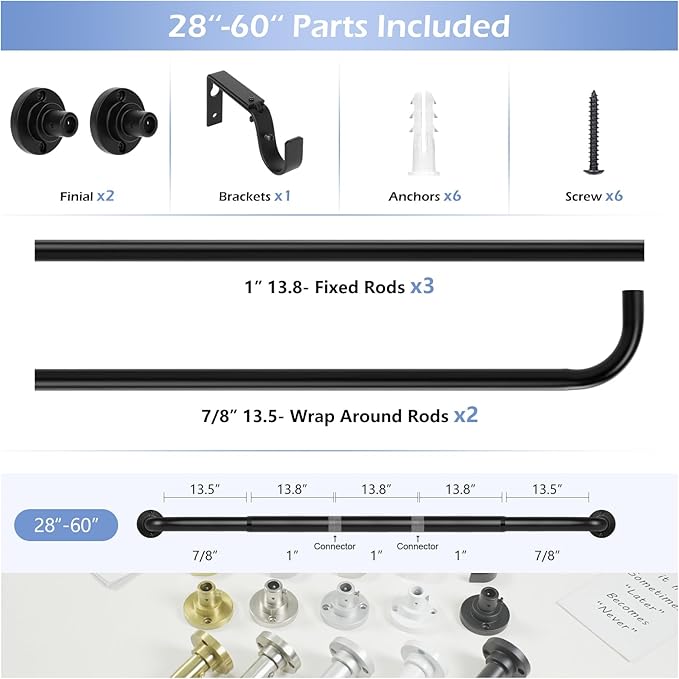 Black Wrap Around Curtain Rods 28 to 60 Inch:Blackout Heavy duty Adjustable Window Curtain Rod for Bedroom,Industrial Darkening Curved French Metal Single Drapery Rods Easy Install,Matte Black
