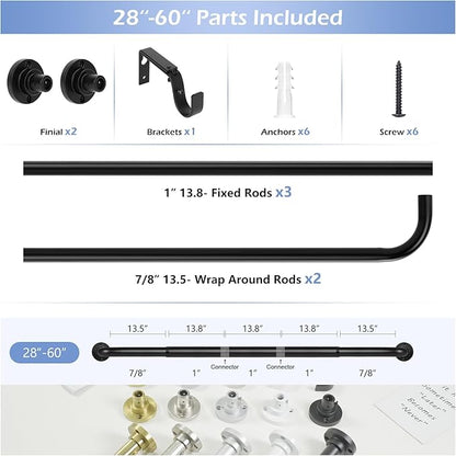 Black Wrap Around Curtain Rods 28 to 60 Inch:Blackout Heavy duty Adjustable Window Curtain Rod for Bedroom,Industrial Darkening Curved French Metal Single Drapery Rods Easy Install,Matte Black