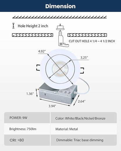 4inch Gimbal LED Recessed Light Recessed LED 4 inch White Swivel Gimbal Canless Light 360° Rotation 90° Tilt 4" 9W Eyeball Lighting Dimmable Adjustable Can Spotlights 5CCT White 4 inch 6 Pack