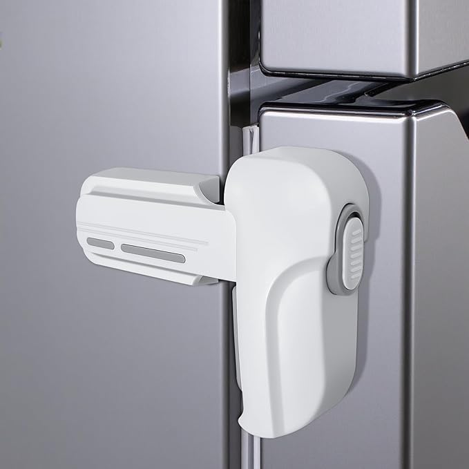 Fridge Lock for Kids, Childproof Refrigerator Door Lock, Fridge Latch with 3M Adhesive, Freezer Locks Automatically Closed, No Drill No Screw, More Security for Kids/Pets (1 Pack, White)
