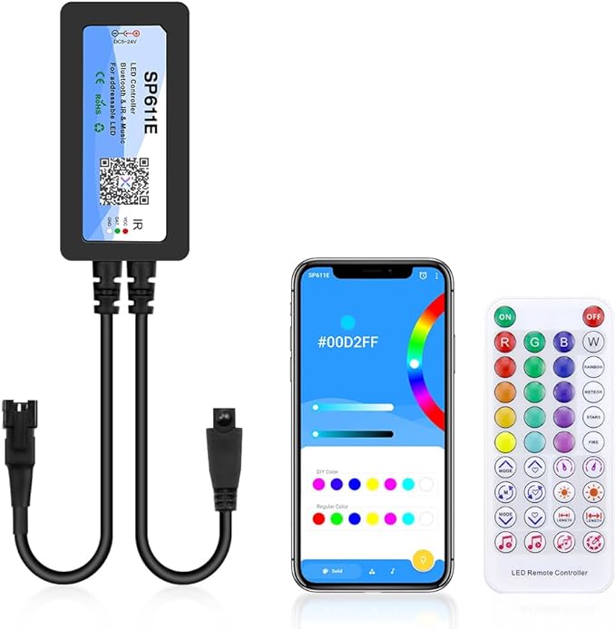 ALITOVE WS2812B WS2811 Controller Bluetooth APP Music Sync Addressable RGB IC LED Remote Controller Timer Function SP611E for SK6812 WS2812 SM16703 UCS1903 LED Pixel String Light Strip DC 5V~24V