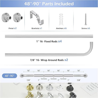 Silver Wrap Around Curtain Rods 48 to 90 Inch:Blackout Heavy duty Adjustable Window Curtain Rod for Bedroom,Industrial Darkening Curved French Metal Single Drapery Rods Easy Install,Nickel