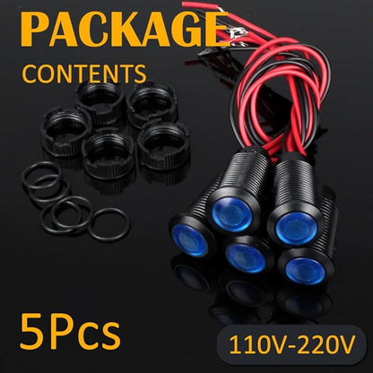 5pcs 12mm LED Indicator Light Plastic Black Signal Dot Lamp 110-220V AC 1/2 inches Mounting Hole Size with 15cm/5.9in. Wire (Blue LED)