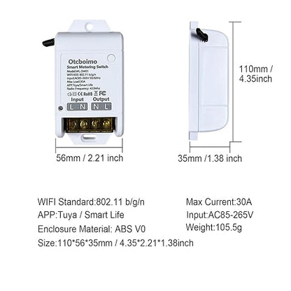 30A Hight Power WiFi Wireless Smart Switch with Energy Monitoring, DIY Switch for Smart Home Automation, Tuya APP Remote Control, Timer, Compatible with Alexa & Google Home