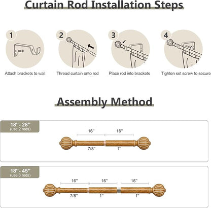 Wood Curtain Rods for Windows 28 to 48 Inch, 1'' Adjustable Heavy Duty Curtain Rod，Vintage Imitation Wood Grain Decorative Drapery Rods with Pumpkin Finials for Bedroom Living Room