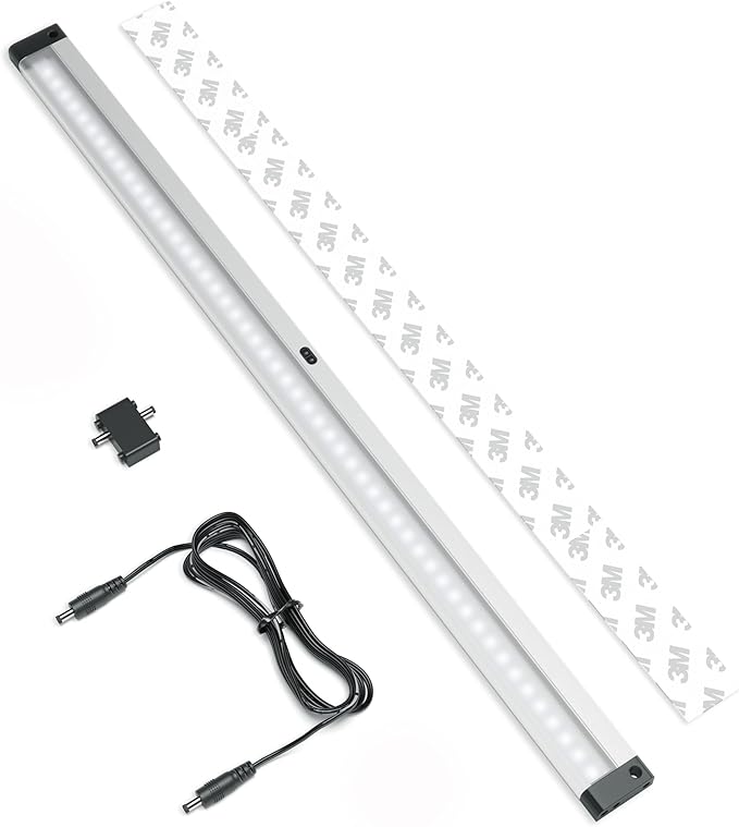 EShine Extra Long 20 inch LED Dimmable Under Cabinet Lighting Strip with Hand Wave Motion Sensor, Black, with Accessories (No Power Supply Included), Cool White (6000K)