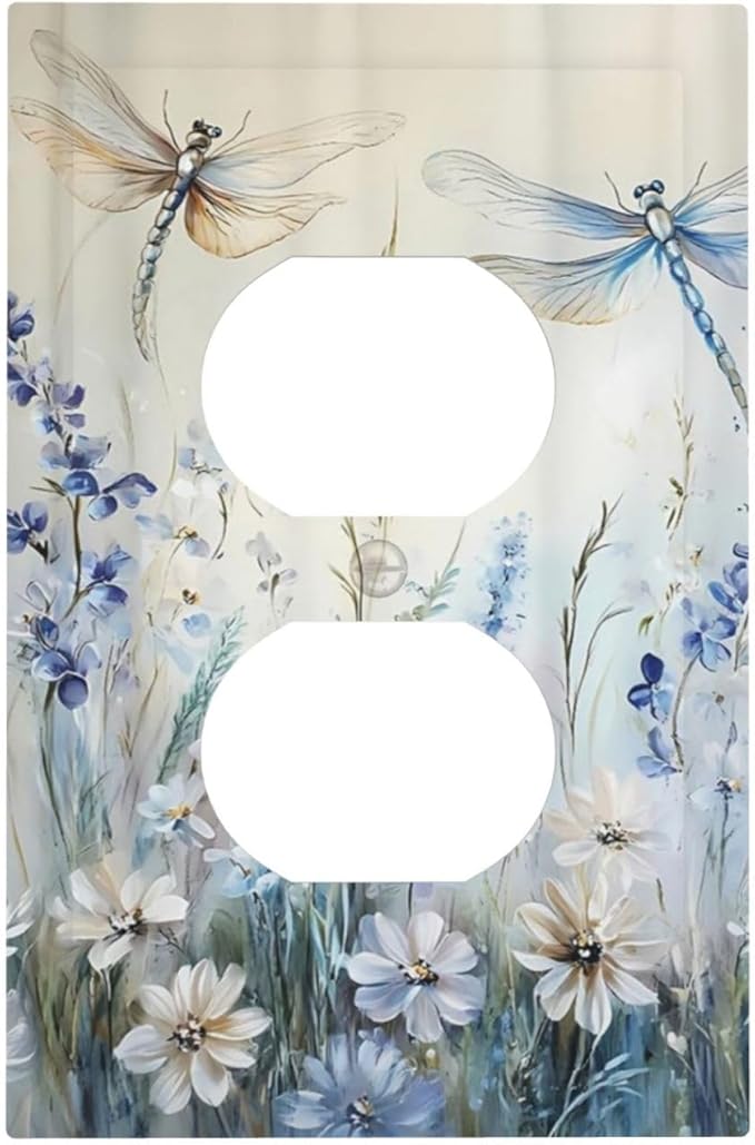 Decorative Outlet Covers Watercolor Dragonfly Blue Wihte Flower 1 Gang Duplex Light Switch Cover Plate Unique Wall Plates for Electrical Outlets Switch Plate Covers for Bedroom Home Decor