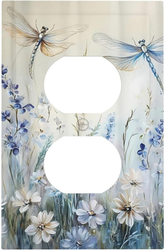 Decorative Outlet Covers Watercolor Dragonfly Blue Wihte Flower 1 Gang Duplex Light Switch Cover Plate Unique Wall Plates for Electrical Outlets Switch Plate Covers for Bedroom Home Decor