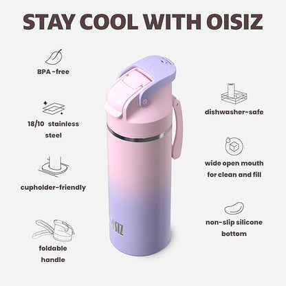 OISIZ Insulated Water Bottle 20 oz with 2 in 1 Spout and Straw Lid,One Click Safety Lock,100% Leakproof,Keep Cold 24H,Vacuum Stainless Steel Water Bottle for School,Travel and Sports,Dishwasher Safe