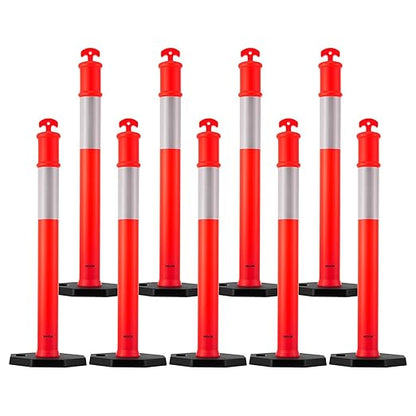 VEVOR 9 Pack Traffic Delineator Posts, 48 inches Traffic Safety Cones with Weighted Base and Reflective Strips, Heavy Duty Delineator Posts for Construction Site, Parking Lot, Crowd Control, Red