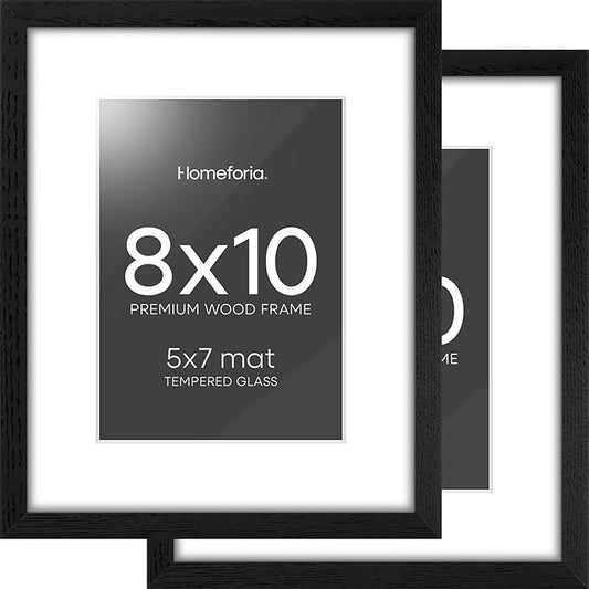 Homeforia 8x10 Picture Frame Black Wood, High End Oak 8 x 10 Wooden Frames with Mat 5 by 7 Print, 8x10 Frame Matted to 5x7 inch Photo, 8by10 Wall or Tabletop Frames, Tempered Glass, Wall Kit, Set of 2