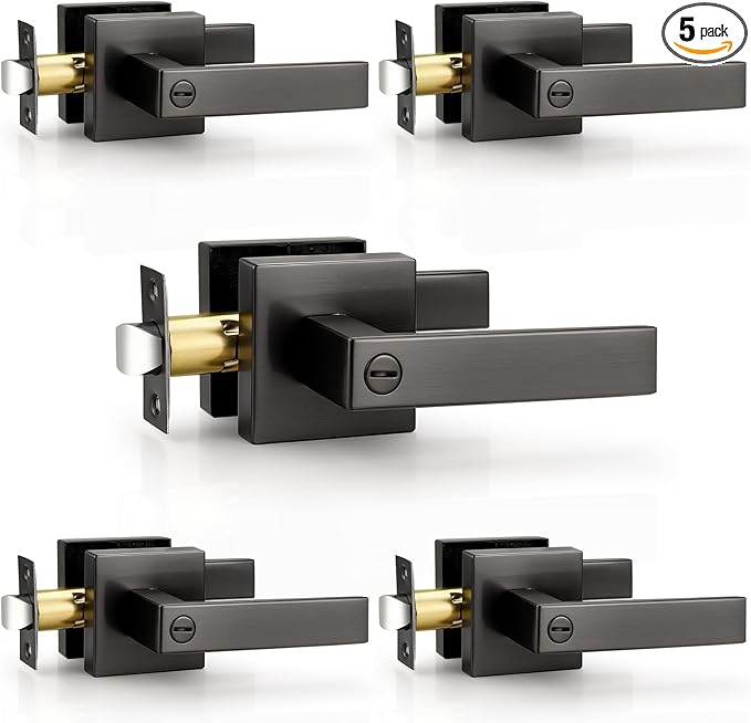 Probrico Interior Privacy Gunmetal Black Door Handles 5 Pack, Grey Bed & Bath Door Levers with Lock, Reversible for Right & Left Side