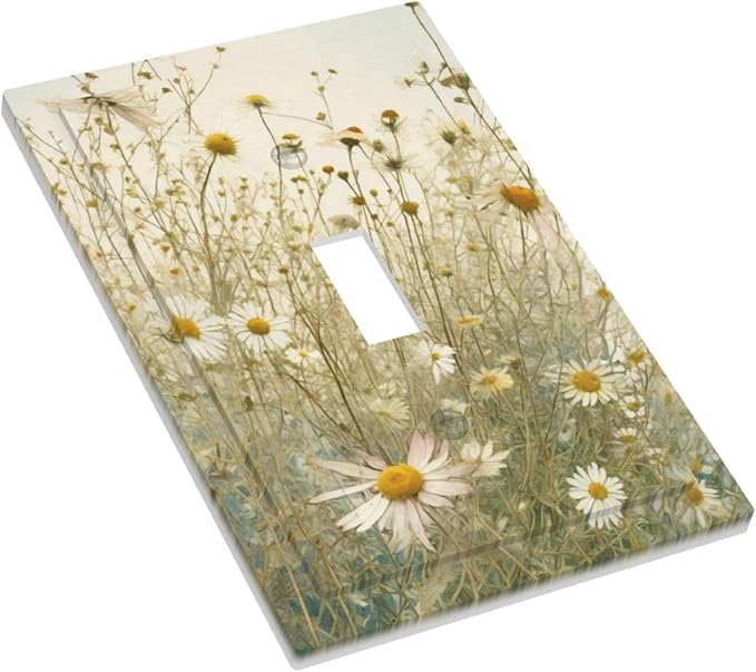 White Wildflowers Daisy Vintage Floral Decorative Light Switch Cover 1 Gang Single Toggle Device Electrical Faceplate Switchplates Decorator Outlet Wall Plate for Bed Room Living Room Decor