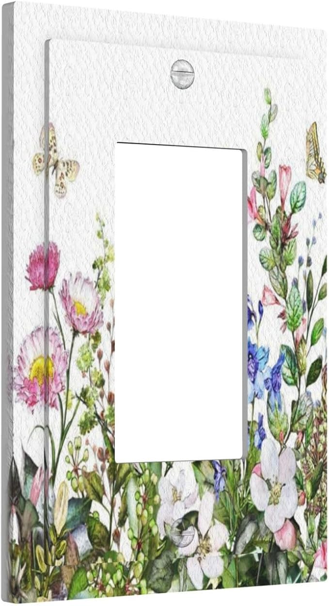 Boho Colorful Wildflowers Butterfly Green Plant Leaf 1 Gang Rocker Light Switch Covers Single Decora Outlet Wall Plate Decorative Switchplate Faceplate GFCI for Country Bathroom Bedroom Decor