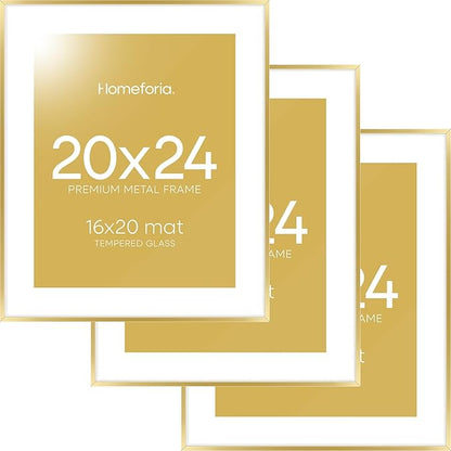 Homeforia 20x24 Picture Frame Gold, High End Metal 24x20 Frames for Wall, 20x24 Gold Frame Matted to 16x20 Print, 20 x 24 Poster Large Frame with Mat 16 by 20 Photo, Tempered Glass, Wall Kit, Set of 3