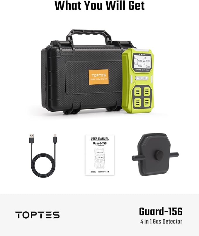 Guard-156 4 Gas Monitor Multi Gas Detector for H2S, CO, LEL, and O2, Triple Alarm Modes (Visual, Vibration, Sound), 0.5s Fast Response, Dust and Explosion Proof Design for Work and Home Safety - Green