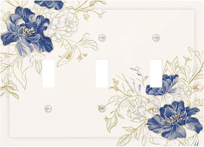 Decorative Light Switch Cover Plate Rustic Blue Flower Floral Gold Leaf 3 Gang Wall Plates for Electrical Outlets Triple Toggle Switch Plate Covers Outlet Covers Faceplate for Home Decor