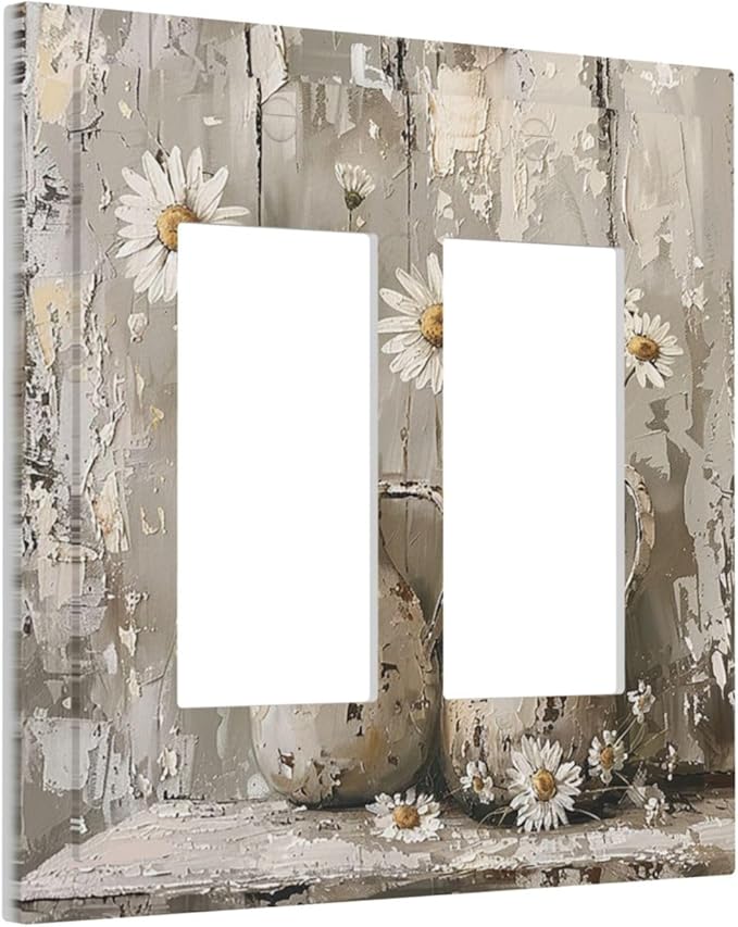 Decorative Outlet Covers Vintage Rustic Floral White Daisy Flower Oil Painting Style 2 Gang Double GFCI Rocker Electrical Wall Panels Light Switch Cover Plate for Home Farmhouse Decor