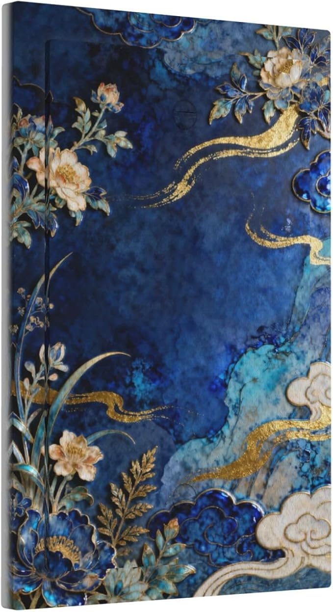 Decorative Light Switch Cover Plate Blue White Flower Gold Line Cloud 1 Gang No Device Single Blank Outlet Covers Wall Plates for Electrical Outlets Faceplate for Bedroom Home Decor