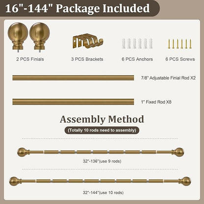 Warm Gold Curtain Rods for Windows 72 to144 Inch Brass Long Heavy Duty Window Curtain Rod Adjustable 1" Diameter with Metal Finials for Living Room Bedroom Farmhouse Kitchen Outdoor