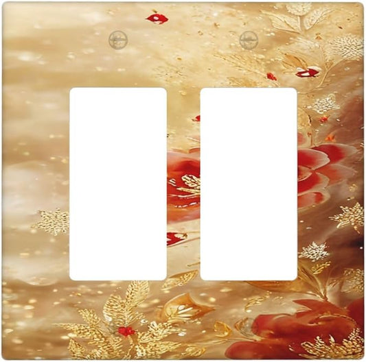 Decorative Outlet Covers Golden Leaf Red Peony Flowers Floral 2 Gang Wall Plate Double Rocker Two Switch Wall Cover Plate Jumbo Dual GFCI Faceplate for Bedroom Decor