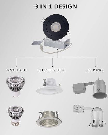 Gimbal LED Recessed Light - 4 Inch Black 9W 360° Rotation Directional Adjustable Eyeball Sloped Ceiling Recessed Lighting 4 inch Light Wafer Soffit Indoor Spotlight Canless Black 4 inch 6 Pack