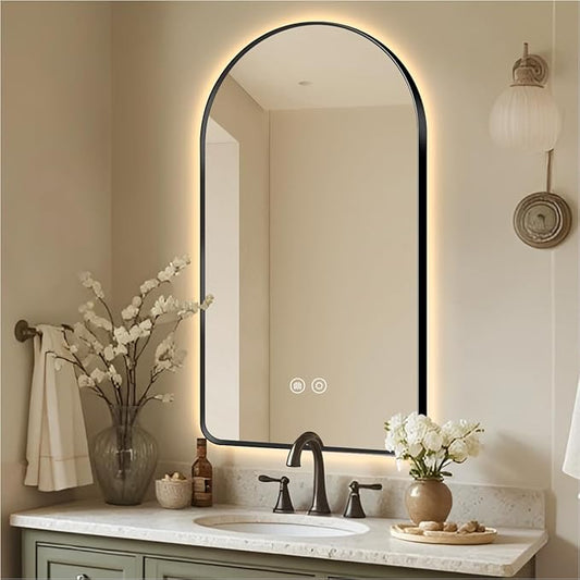 36" x 24" Arched LED Bathroom Mirror, Black Framed, Backlit Vanity Mirror with Lights, Wall Mounted Lighted Mirror, Dimmable 3-Color Shatter-Proof Arch Smart Mirror, UL-Listed, CRI≥93