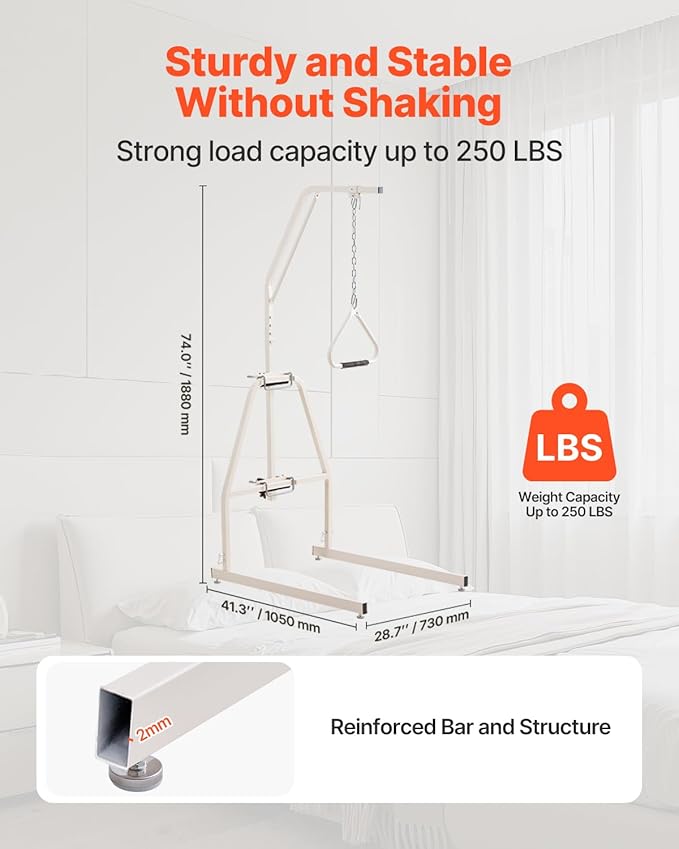 VEVOR Trapeze Bar for Bed Mobility, Bed Trapeze with Clamps and Floor Stand, 250LBS Weight Capacity Pull Up Assist for Elderly, Patients & Disabled, Suitable for Home Care, Hospital, Nursing Home