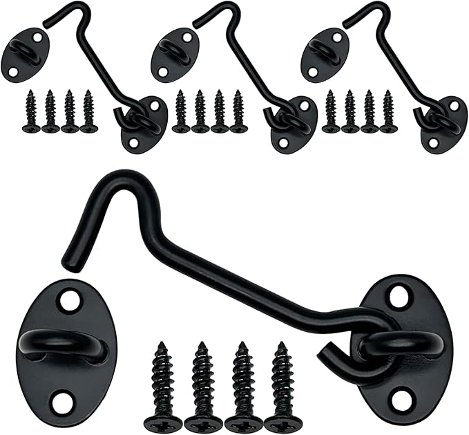 4-Pack 4Inch Door Lock Gate Latch Premium Stainless Steel Hook and Eye Gate Latch Cabin Hook with 16pcs Screws, Black