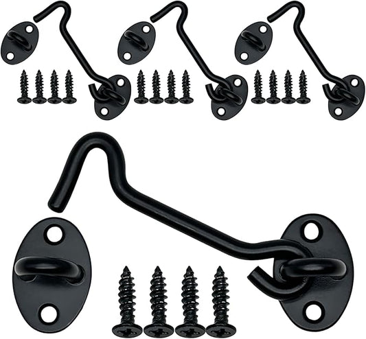 4-Pack 4Inch Door Lock Gate Latch Premium Stainless Steel Hook and Eye Gate Latch Cabin Hook with 16pcs Screws, Black