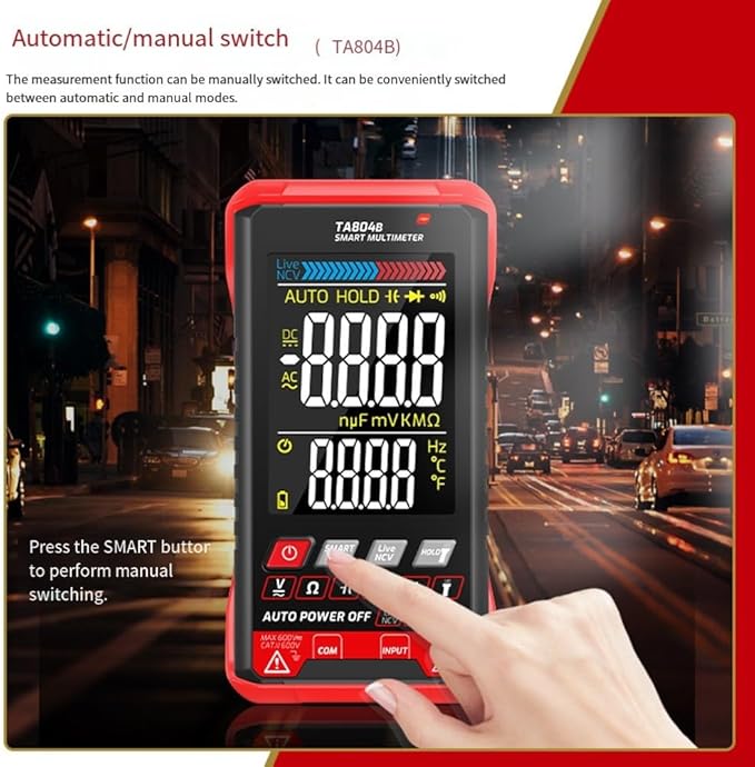 TA804B Smart Digital Multimeter with Large VA Color Screen, True RMS, NCV Detection, Live Wire Identification for Home, Industrial, Electrical Testing