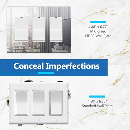 LIDER Triple Decorator Wall Plate, Impact Resistant, Mirrored Acrylic, Plexiglass, Reflective Finish, Modern Upgrade Screwless Light Switch/Outlet Cover Mid-Size 3-Gang 4.88" x 6.77" Silver