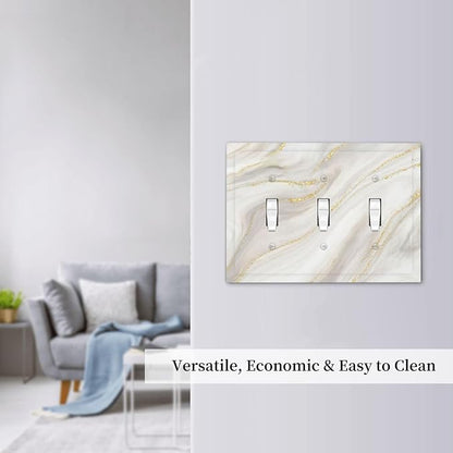 White Grey Gold Marble Simple Tiles Decorative Switch Plates 3 Gang Wall Plate Triple Toggle Light Switch Cover Faceplate Electrical Wall Panels for Bathroom Kitchen Decor