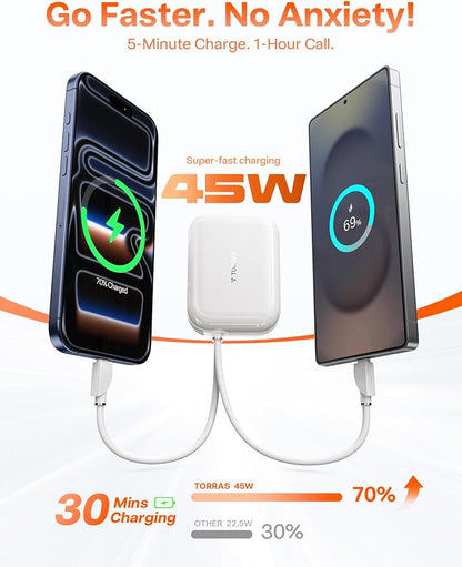 TORRAS 45W Portable Charger, Smallest 10000mAh Power Bank with Built in USB-C Cable, Fast Charging USB C in&Out Battery Pack, Travel Phone Charger for iPhone Air/17/16/15 Series, Samsung, iPad etc