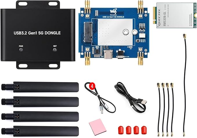 Global 5G DONGLE Expansion Board, USB 3.2 Port, Onboard M.2 Key B Interface, Quad Antennas, Aluminum Alloy Case, with Qualcomm RM530N-GL 5G Sub-6G & mmWave Module @XYGStudy (RM530N-GL 5G DONGLE (B))
